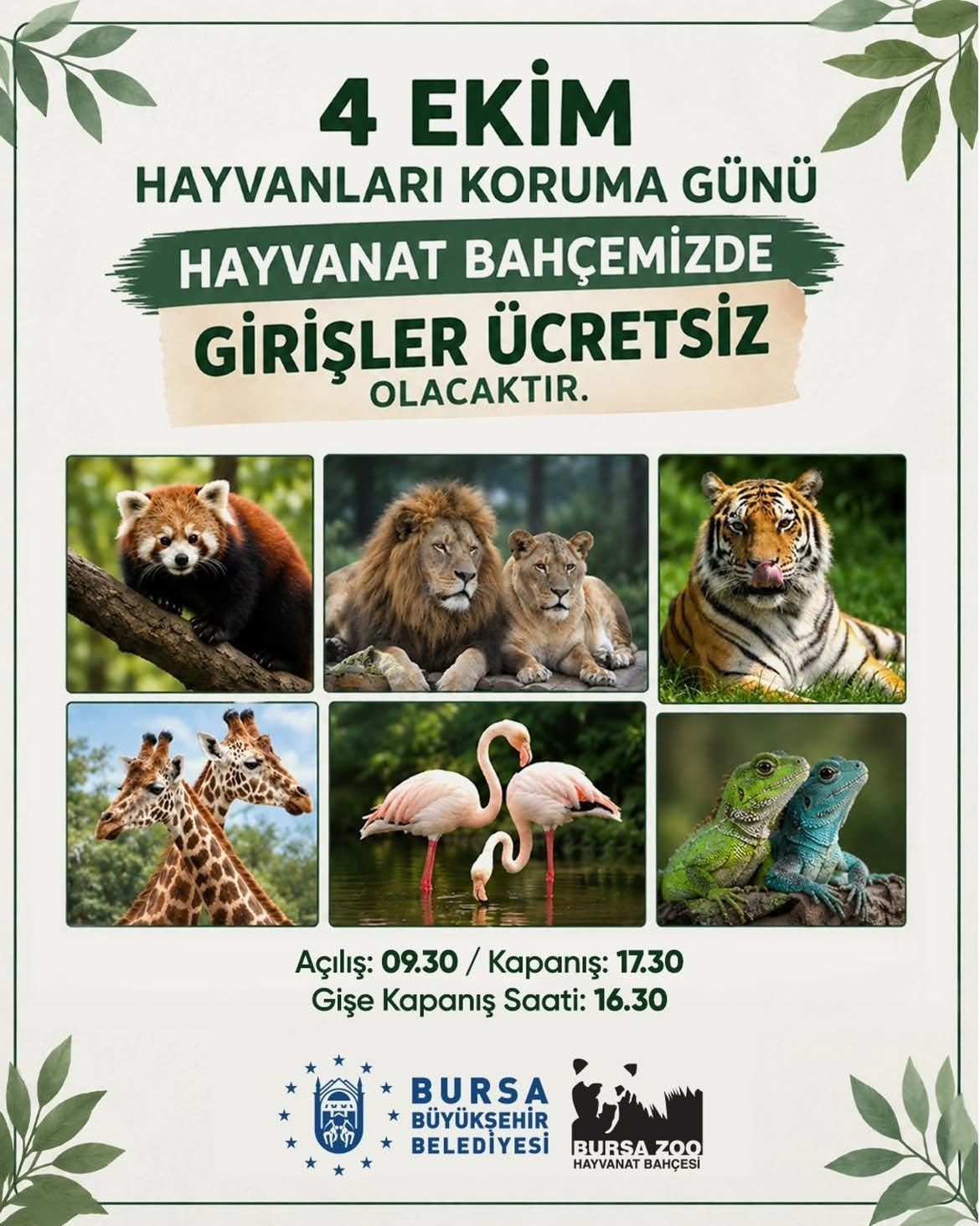 4 Ekim Hayvanları Koruma Günü Bursa Hayvanat Bahçesi ücretsiz giriş afişi